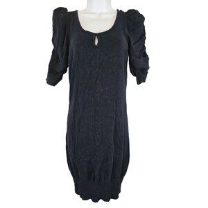 Te Amo Womens Sweater Dress Black Short Puffy Sleeves Cutout Back Cotton Size L